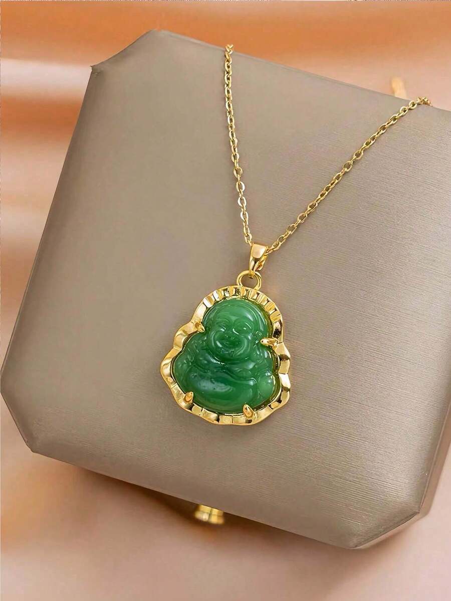 1pc Vintage Fashionable Green Jade Buddha Pendant Necklace For Kids For Daily Life - Yellow Gold - View 1