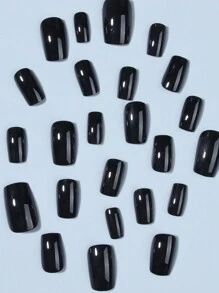 24入組長方形黑色假指甲，含1支果凍膠和1支指甲文件，適用於女性及女孩美甲裝飾的指甲供應品，讓您的指甲一秒變身！ - 黑色 - 查看 4