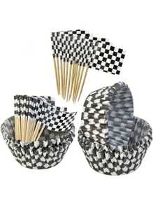 50pcs Cupcake Liners+50pcs Flags  Race-Themed Cake Cups Cupcake Liners, Black And White Checkered Cupcake Liners, Paper Cups Cakes For Birthday Parties, Baking Muffin, Chiffon, Mousse Cupcake High-Temperature Paper Cake Cups Cake Paper Holders, Muffin Liners, Disposable Baking Cups, For Home Bakery Picnic, Baking Tools