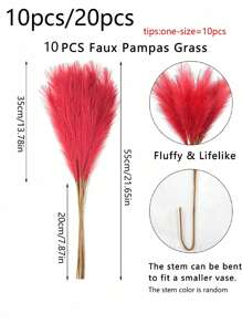 10pcs/20pcs- Artificial Pampas Grass 55cm/21.65in Fake Plush Grass Large Faux Pampas Branch Plant Floor Vase Filler, Ideal For Flower Arrangements, Bohemian Home & Kitchen Decor, Room Decor, Wedding & Party Decor, Valentine's Day Decoration (Red), Valentine Day, Gift,Fall Decor,Autumn