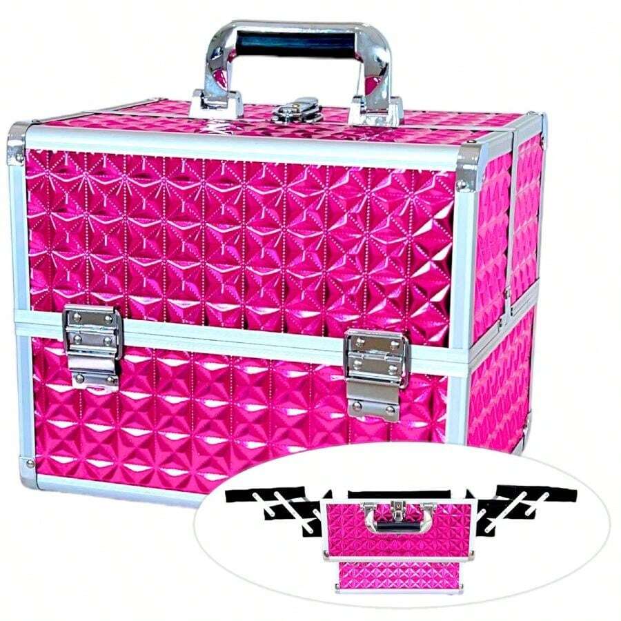Astra Professional Empty Makeup Case Giant XL With Sliding Trays For Jewelry Makeup Sewing Manicure With Padlock Premium Case - Rosa Rosa - Ver 1