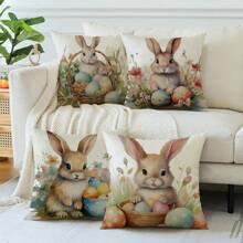 4入組可愛兔子、復活蛋和花朵圖案亞麻枕套,不含枕芯,適用於腰墊、坐墊和裝飾用途,完美適用於農家風格的復活節派對/春季房間裝飾 - 彩色 - 查看 1