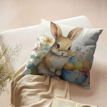 4入組可愛兔子、復活蛋和花朵圖案亞麻枕套,不含枕芯,適用於腰墊、坐墊和裝飾用途,完美適用於農家風格的復活節派對/春季房間裝飾 - 彩色 - 查看 4