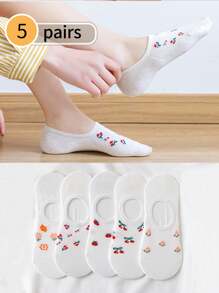 1/5双装女士隐形吸湿排汗短袜，白色，可爱款式，柔软舒适，适合居家穿着，休闲透气，四季皆宜。袜子颜色随机发货。 - 彩色 - 查看 5