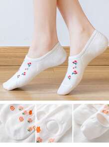 1/5双装女士隐形吸湿排汗短袜，白色，可爱款式，柔软舒适，适合居家穿着，休闲透气，四季皆宜。袜子颜色随机发货。 - 彩色 - 查看 4