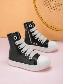 Toddler Kids Boys And Girls Lace-Up Front High Top Skate Shoes Pu Leather Sport Shoes With Side Zipper And Comfortable Soft Sole - 黑色 - 查看 2