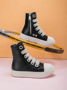 Toddler Kids Boys And Girls Lace-Up Front High Top Skate Shoes Pu Leather Sport Shoes With Side Zipper And Comfortable Soft Sole - 黑色 - 查看 5