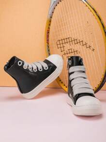 Toddler Kids Boys And Girls Lace-Up Front High Top Skate Shoes Pu Leather Sport Shoes With Side Zipper And Comfortable Soft Sole - 黑色 - 查看 4