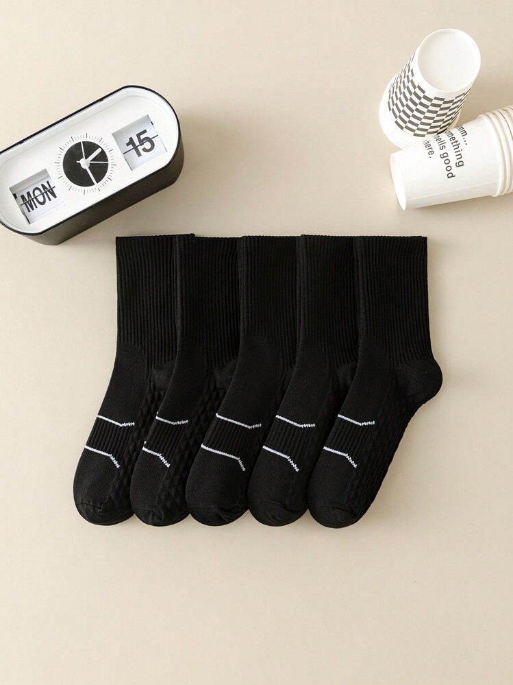 5 Pairs Women's Black Athletic Sports Socks, Massage Bottom Design, Breathable For Running, Basketball, Quick Drying, Odor Resistant, Summer Thin Crew Socks - Black - View 1