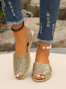 Women's Summer New Open Toe Comfortable Lightweight Non-Slip Rubber Sole Flat Sandals, Vacation Style Gold Glitter Sandals, For Indoor & Outdoor Wear - Gold - View 1