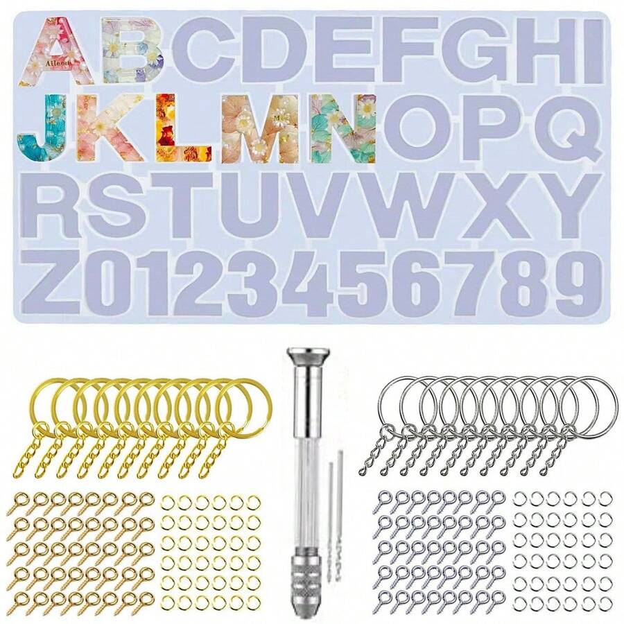 104入組硅膠樹脂字母,數字橡膠模具,鑰匙扣和珠寶製作橡膠模具,配有鑰匙扣和滴管,適用於製作鑰匙扣,門牌等 - 104件 - 查看 1