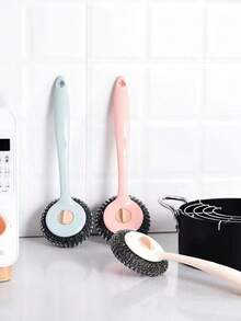 3pcs Stainless Steel Wire Ball Brush With Long Handle For Kitchen Cleaning - Multicolor - View 1
