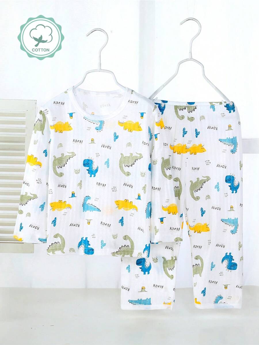男孩夏季恐龍印花T恤和褲子睡衣 - 白色 - 查看 1