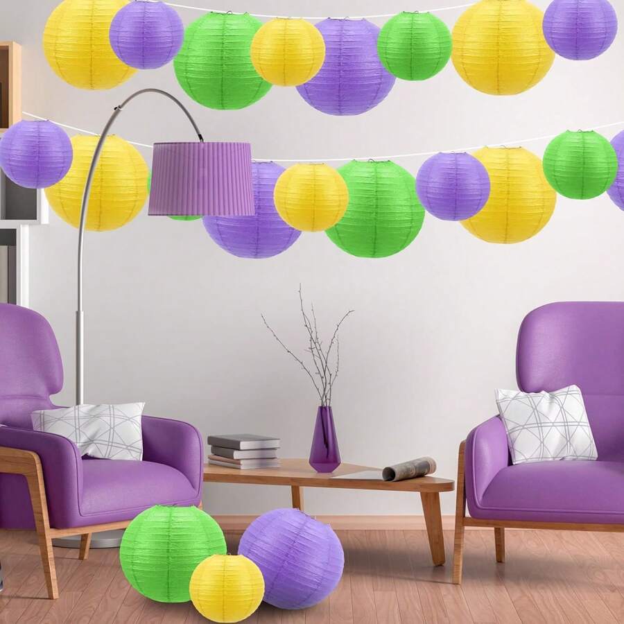 24 Giấy Lồng đèn Đồ trang trí Tím Màu xanh lá Vàng Tròn Treo Giấy Lồng đèn Đối với Buổi tiệc Hội hóa trang Mới Buổi tiệc Lễ hội hóa trang Bữa tiệc ngày lễ Đồ trang trí - tím + vàng + xanh - Xem 1