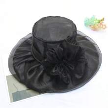 1pc Vintage Elegant Double Layer Organza Flower Detail Sun Hat With Foldable Brim For Women, Summer Bow - Multicolor - View 9