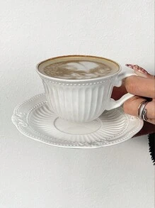 1套(1杯+1茶碟)小型復古浮雕陶瓷咖啡杯及茶碟套裝,拿鐵杯,下午茶花茶杯 - 白色 - 查看 6