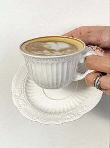 1套(1杯+1茶碟)小型復古浮雕陶瓷咖啡杯及茶碟套裝,拿鐵杯,下午茶花茶杯 - 白色 - 查看 5