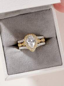 AIHUASI 2入組/套925純銀黃金色新娘戒指套裝,6*9mm 2.7ct 高品質鋯石婚禮精美珠寶禮物 - 金黃色 - 查看 2