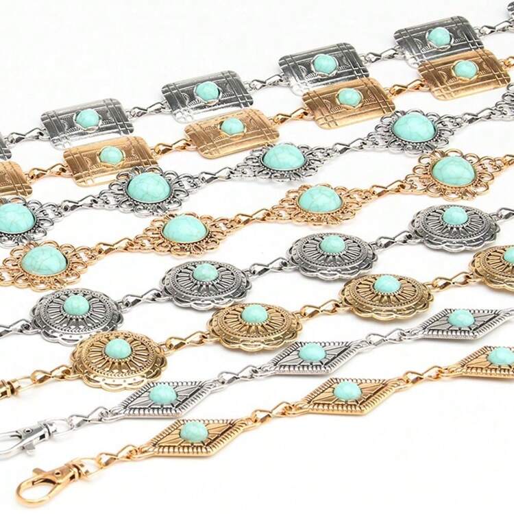 Boho 1pc Women's Artificial Green Stone Inlaid Metal Geometric Pattern Waist Chain, Sexy, Elegant And Versatile For Dress Accessory, Stylish Belt For Girls, Bohemian Style - Multicolor - View 2