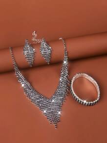 4入組時尚簡約鑽石頸鏈套裝，適用於女性日常佩戴、婚禮、派對、新娘 - 銀色 - 查看 15