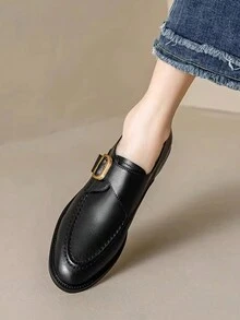 Women's Leather Chunky Heel Loafers, British Style Small Leather Shoes, Vintage Slip-On Round Toe Design Sense - Black - View 2