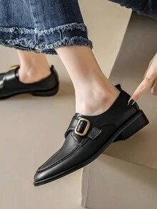 Women's Leather Chunky Heel Loafers, British Style Small Leather Shoes, Vintage Slip-On Round Toe Design Sense - Black - View 3