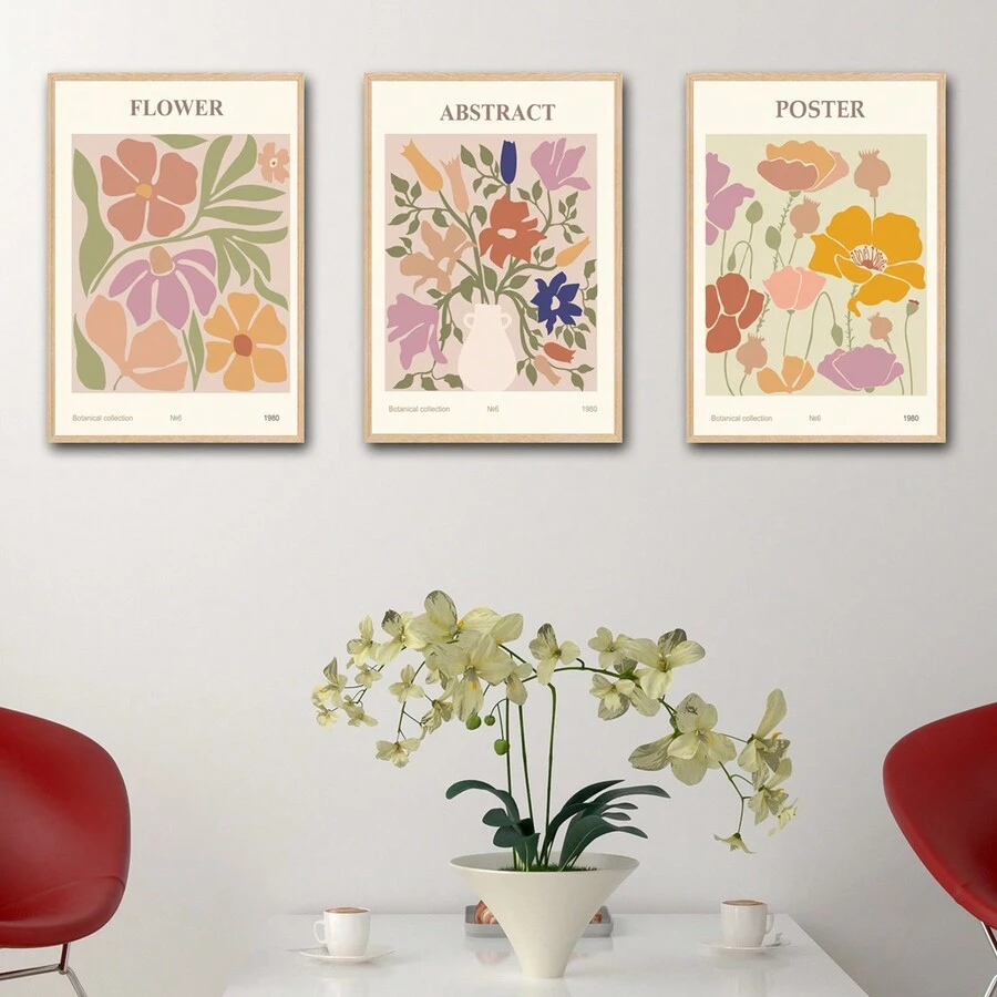 三聯抽象花瓶畫,現代簡約風格聚酯纖維橙色和粉紅色和幾何圖形和英文字詞矩形裝飾畫不含框,適用於客廳臥室家居裝飾 - 彩色 - 查看 1