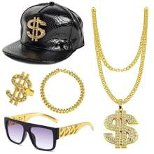 5入組嘻哈經典服裝套裝,80s 90s饒舌歌手配件套裝,黑色饒舌帽,棒球帽,朋克太陽眼鏡,金色美元符號吊墜項鍊,戒指,手鐲,男女適用,適用於嘉年華,復古派對,萬聖節珠寶有趣配件 - 黑色帽子5件套裝 - 查看 2