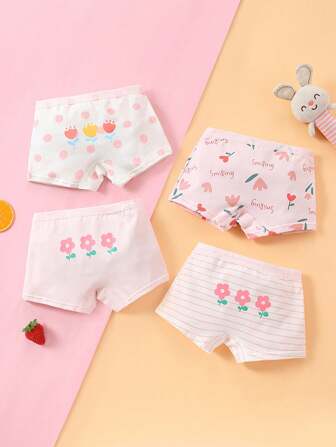 Young Girls' 4pcs Sweet And Cute Cartoon Flower Pattern Printed Boxer Shorts For All Seasons