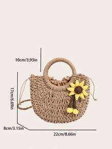 沙灘草半圓手提袋,環狀手柄手工編織藤制籃子,波西米亞度假旅行斜挎袋,女士夏季流行純色手袋,戶外野餐籃、攝影道具,完美禮品、收納和客廳裝飾 - 卡其色 - 查看 9