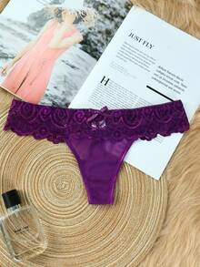 3入組花朵蕾絲丁字褲,低腰內衣,臀部褲 - 紫色 - 查看 2