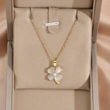 1件不锈钢镀金链立方氧化锆猫眼石四叶草吊坠时尚项链，男女皆宜，适合休闲/派对/节日佩戴（OPP袋包装） - 金黃色 - 查看 2