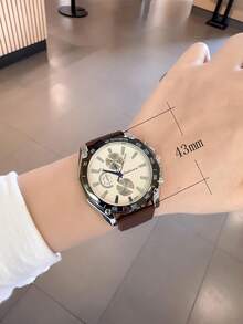 硅膠錶帶涼爽男士手錶,配有超過43mm的圓錶盤和淺色錶盤,石英運動,適用於商務和休閒場合 - 棕色 - 查看 5