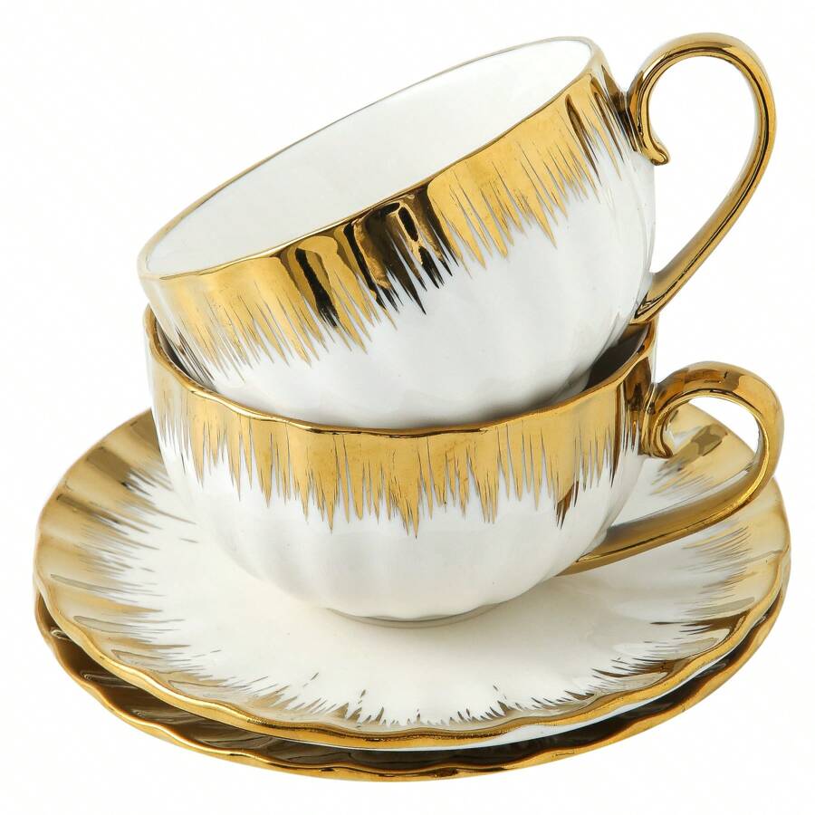 2 Sets, Ceramic Cups With Saucers, 2 Coffee Cups With Golden Rim And 2 Saucer Plates, For Coffee Drinks, Latte, Americano And Tea, Home Decor, Room Decor,7oz - White - View 1