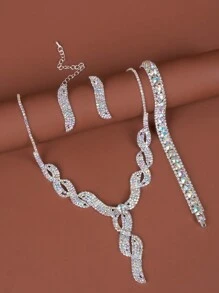 4入組時尚簡約鑽石頸鏈套裝，適用於女性日常佩戴、婚禮、派對、新娘 - 銀色 - 查看 2