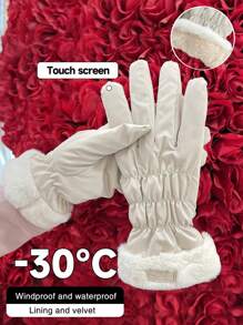 1 Găng tay dài ngón mùa đông cho nữ có nơ, dày, chống gió và ấm, có màn hình cảm ứng, dùng khi trượt tuyết, đạp xe - trắng - Xem 1