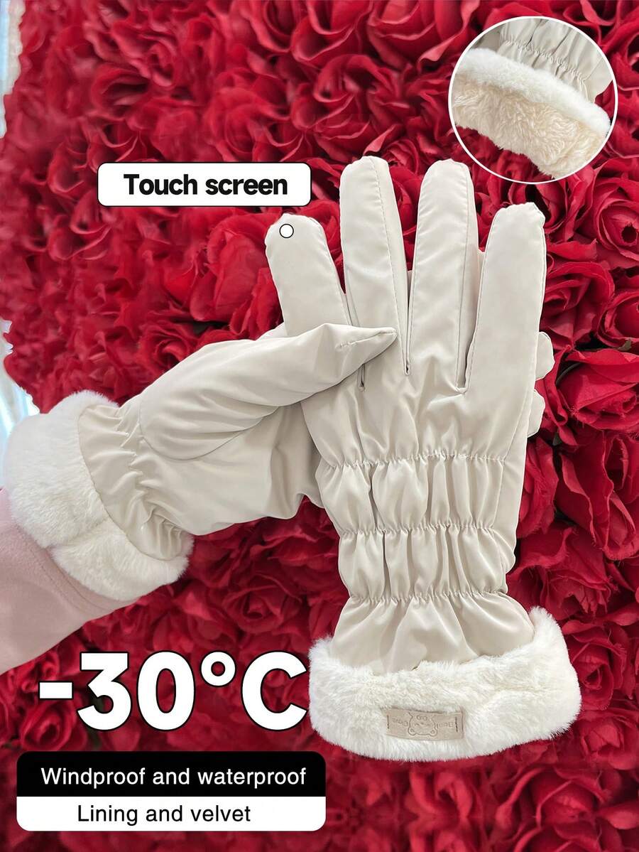 1 Găng tay dài ngón mùa đông cho nữ có nơ, dày, chống gió và ấm, có màn hình cảm ứng, dùng khi trượt tuyết, đạp xe - trắng - Xem 1