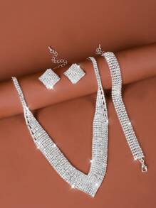 4入組時尚簡約鑽石頸鏈套裝，適用於女性日常佩戴、婚禮、派對、新娘 - 銀色 - 查看 7