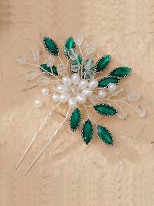 1pc Bridal Hair Comb With Pearls, Green Rhinestones For Women - Green - View 4