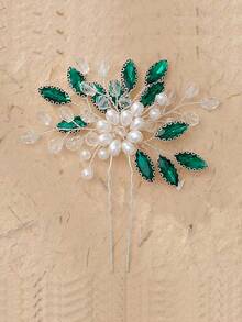 1pc Bridal Hair Comb With Pearls, Green Rhinestones For Women - Green - View 2