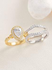 AIHUASI 2入組/套925純銀黃金色新娘戒指套裝,6*9mm 2.7ct 高品質鋯石婚禮精美珠寶禮物 - 金黃色 - 查看 5