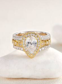 AIHUASI 2入組/套925純銀黃金色新娘戒指套裝,6*9mm 2.7ct 高品質鋯石婚禮精美珠寶禮物 - 金黃色 - 查看 8