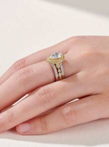 AIHUASI 2入組/套925純銀黃金色新娘戒指套裝,6*9mm 2.7ct 高品質鋯石婚禮精美珠寶禮物 - 金黃色 - 查看 10