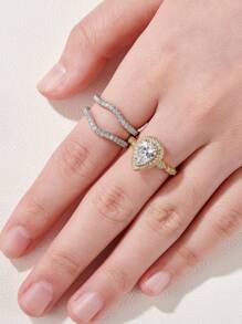 AIHUASI 2入組/套925純銀黃金色新娘戒指套裝,6*9mm 2.7ct 高品質鋯石婚禮精美珠寶禮物 - 金黃色 - 查看 6