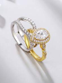 AIHUASI 2入組/套925純銀黃金色新娘戒指套裝,6*9mm 2.7ct 高品質鋯石婚禮精美珠寶禮物 - 金黃色 - 查看 9