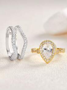 AIHUASI 2入組/套925純銀黃金色新娘戒指套裝,6*9mm 2.7ct 高品質鋯石婚禮精美珠寶禮物 - 金黃色 - 查看 7