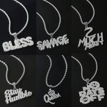 1入組鍍銀不鏽鋼紋狀寬桿鏈,鑲嵌鋯石裝飾的英文字母吊墜,嘻哈風珠寶項鍊適用於男士 - 銀色 - 查看 1