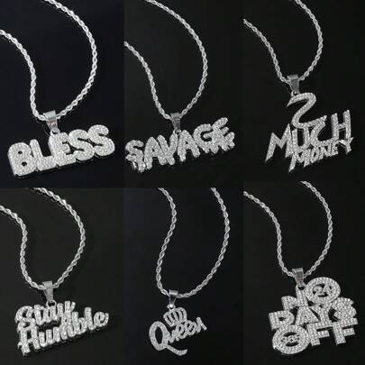 1入組鍍銀不鏽鋼紋狀寬桿鏈,鑲嵌鋯石裝飾的英文字母吊墜,嘻哈風珠寶項鍊適用於男士