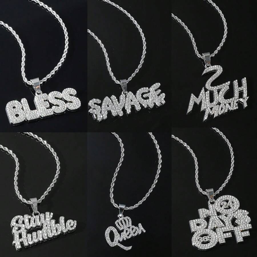 1入組鍍銀不鏽鋼紋狀寬桿鏈,鑲嵌鋯石裝飾的英文字母吊墜,嘻哈風珠寶項鍊適用於男士 - 銀色 - 查看 1