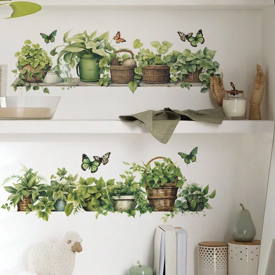 1 طقم (2 قطعة) ملصقات جدارية لأوراق نباتات خضراء طازجة في أصص، ملصقات، ديكور جداري، ديكال فينيل لديكورات المنزل، عناصر ديكور الربيع لتنشيط منزلك، ملصقات ديكور للأعياد والهدايا لعيد الميلاد والتخرج - متعدد الألوان - مشاهدة 1